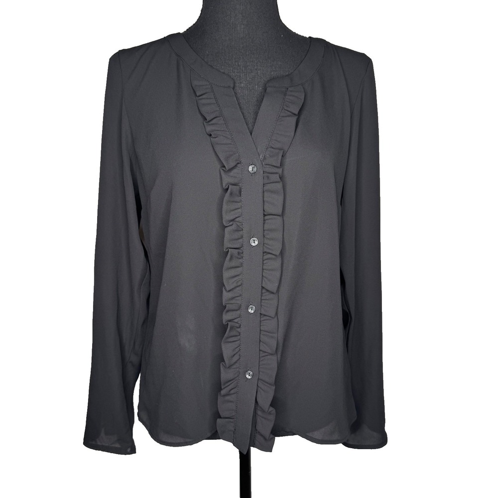 Candie's Black Front Ruffle Long Sleeve Blouse Back Sz M‎ Sheer Dressy Workwear